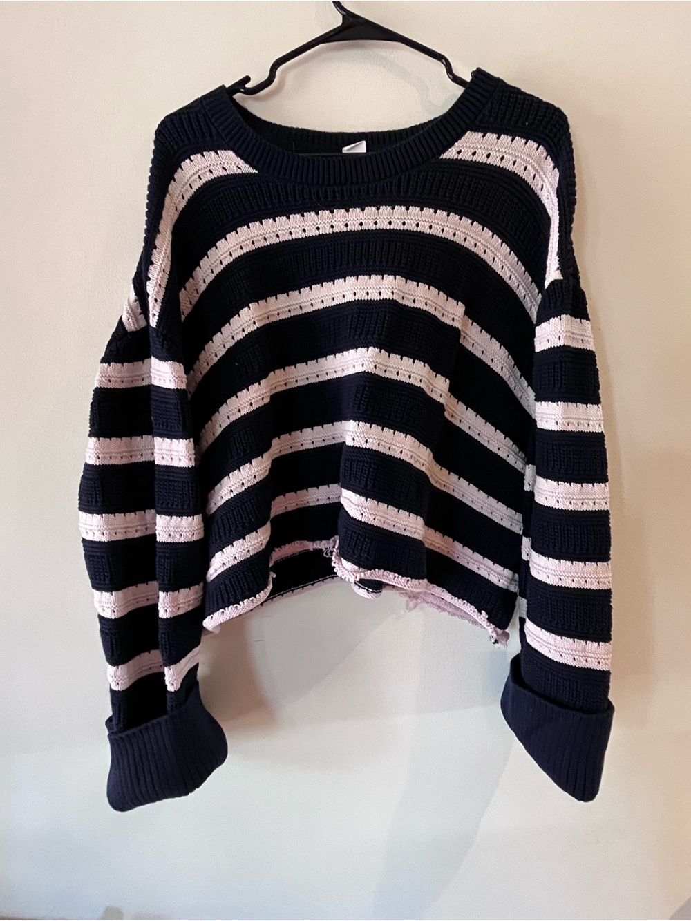 Chunky Striped Cropped Knit Sweater - Blue and Light Pink